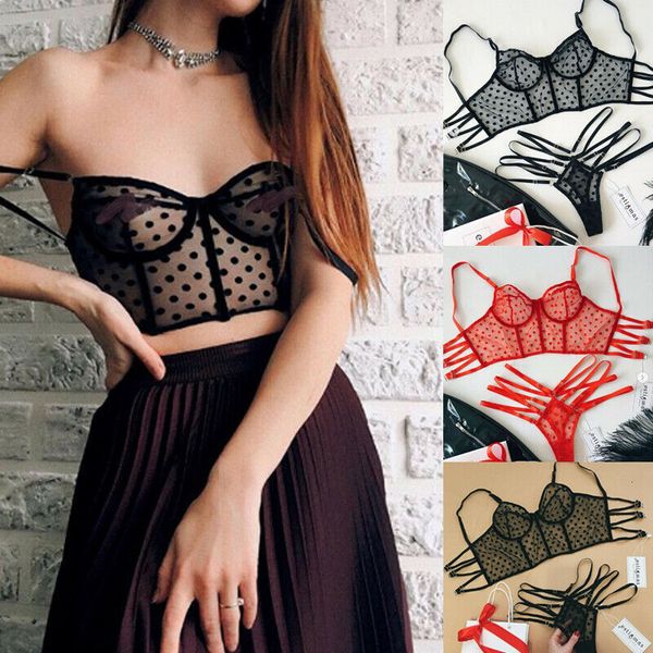 

vintage womens sexy/sissy lingerie lace polka dot v neck hollow out bra babydoll high waist g-string underwear bras set, Black;white