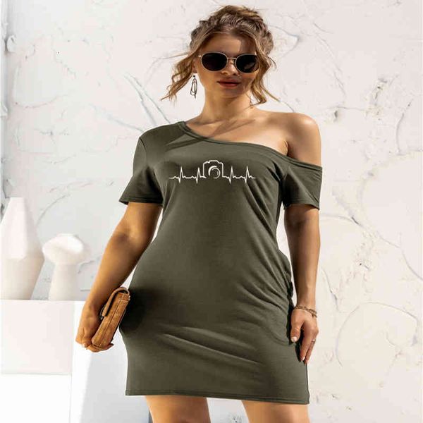 

summer slant neck cotton fashion pgrapher off the shoulder dresses women short sleeve dress heartbeat of camera dresses, Black;gray