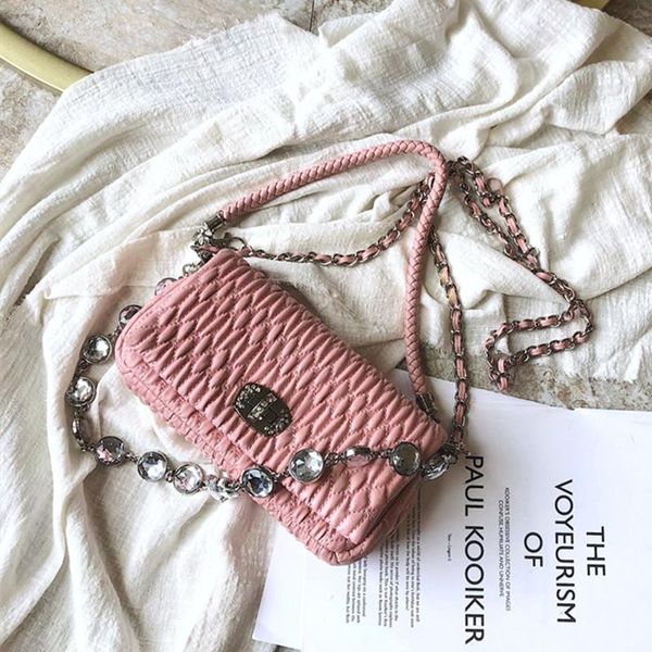 

women pleated messenger bag crystal diamond leather female shoulder bag luxury handbags strap bags wedding party