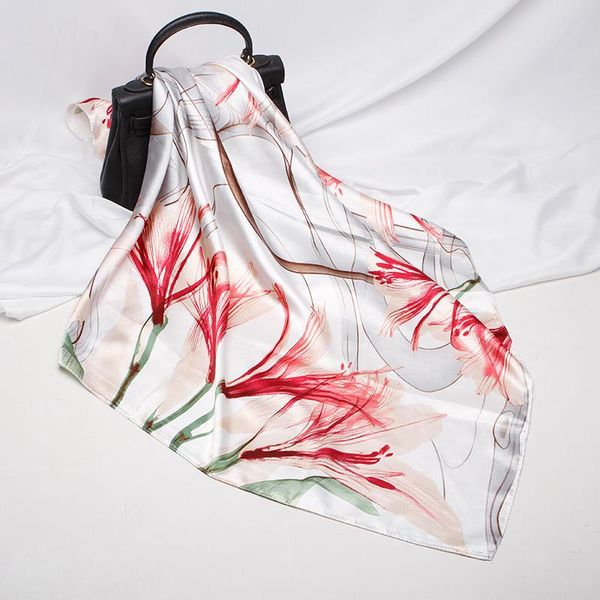 

2021 90x90 flame Flower Multipurpose women Silk twill scarf Satin square tie Hairband ladies foulard femme towel bufanda shawl, Blue;gray