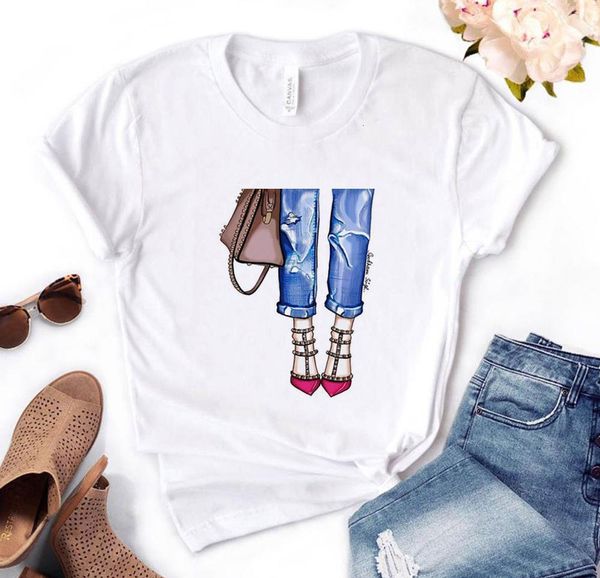 

women t shirt pink shoes bag girl print tshirt women short sleeve o neck loose t-shirt ladies causal tee shirt clothes, White