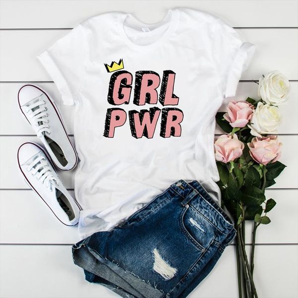 

women lady t shirt girl power crown printed tshirt ladies short sleeve loose tee shirt women female clothes graphic t shirt, White