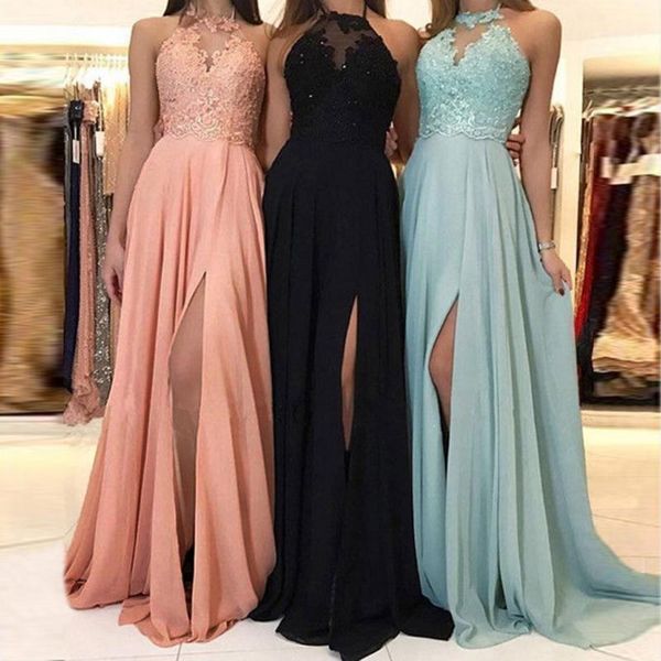 

dress fashion womens formal chiffon sleeveless halter dress prom evening party long maxi women 2020 vestidos#j301, Black;gray