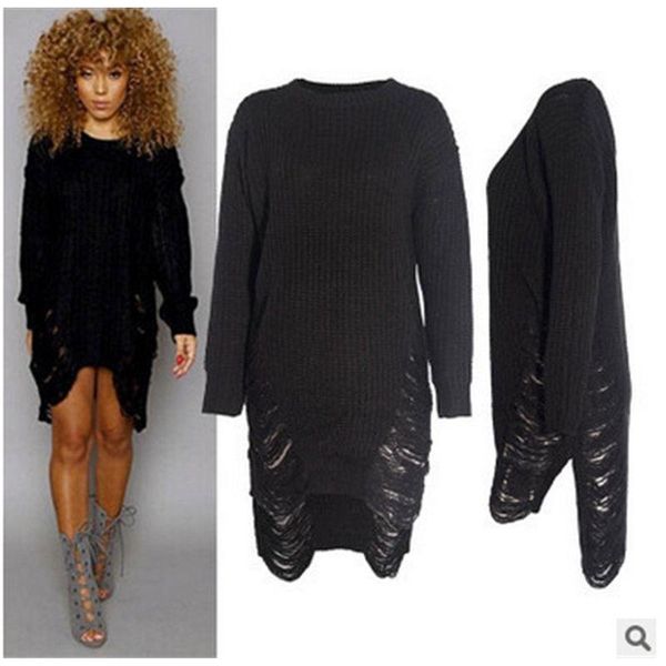 

womens knitting sweaters fashion trend long sleeve round neck hole mid-length pullover designer female spring new casual loose sweaters, White;black