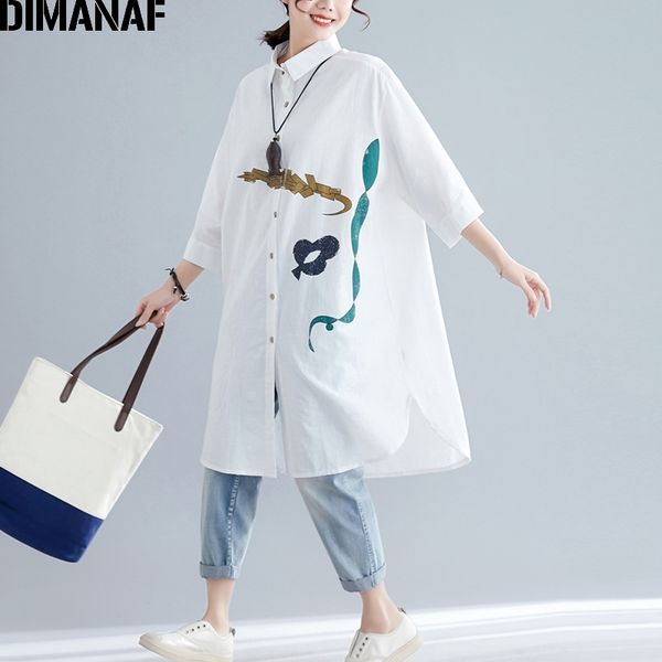 

dimanaf plus size women blouse shirts big size loose lady tunic print casual summer female clothing long shirt dress y200622, White