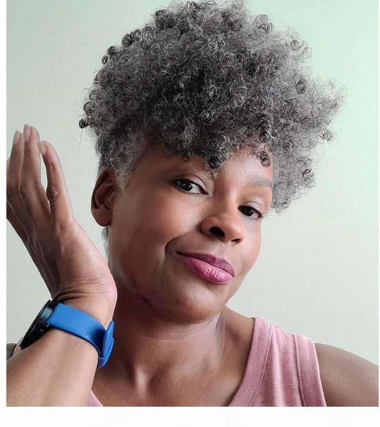 

real hair short afro kinky curly puff ponytail african american wrap black gray fake ponytail with drawstring and clip