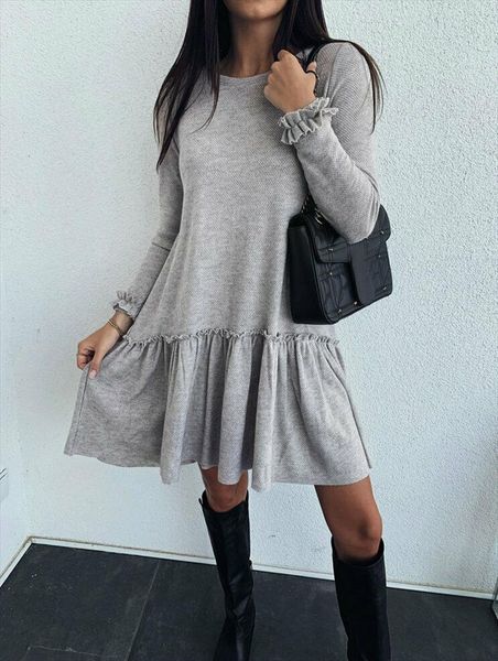 

women plain autumn dress long sleeve warm loose mini dress solid ruffles tutu a line casual ladies lace frill, Black;gray