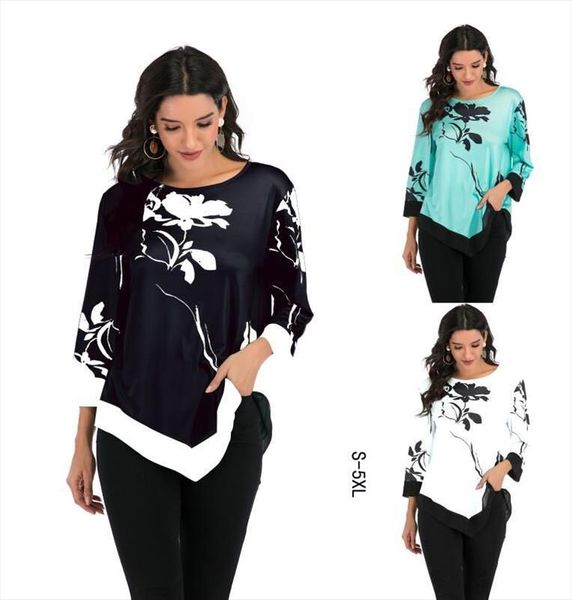 

shirt women spring summer print o neck blouse 3 4 sleeve casual hem irregular female fashion shirt plus size s 5xl, White
