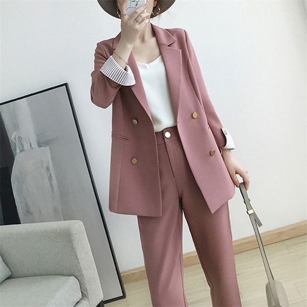 

women's suits autumn new women's temperament double-breasted pink large size suit jacket casual feet pants set two-piece 201030, White
