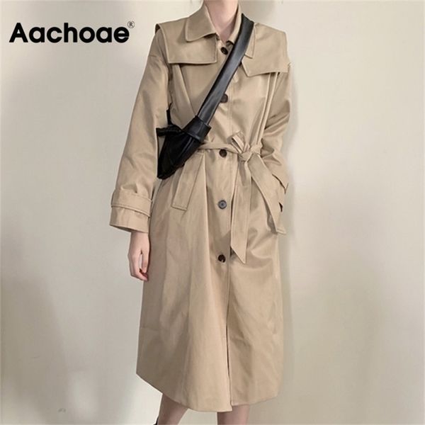 

aachoae casual trench windbreaker women korean single breasted coat with belt solid long sleeve pockets outerwear y201012, Tan;black