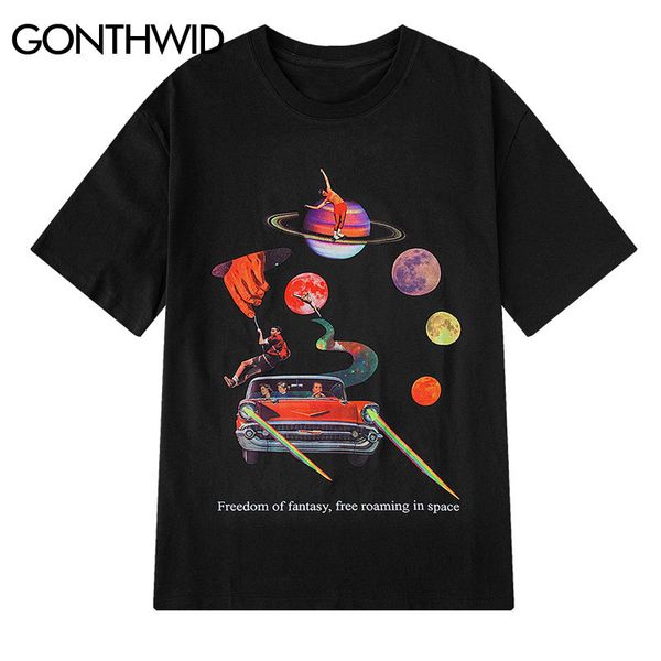 

gonthwid om of fantasy in space creative print tshirts summer men casual streetwear tees hip hop male cotton t shirts 1005, White;black