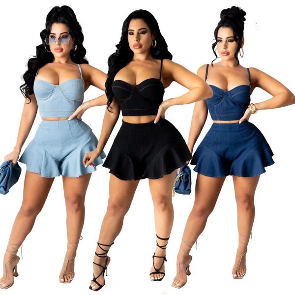 

women's tracksuits women denim set solid spaghetti strap zipper crop and mini shorts skirts two 2 piece fashion outfit summer, Gray
