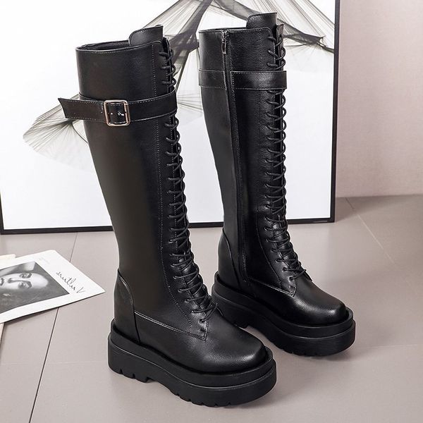 

boots 2021 fashion buckle lace up platform women autumn winter ladies chunky shoes pu leather knee high long botas, Black