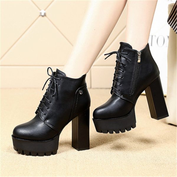 

leather 2021 new fashion super high heels 12cm in the deep autumn soles. strong winter. female boots. ldks, Black