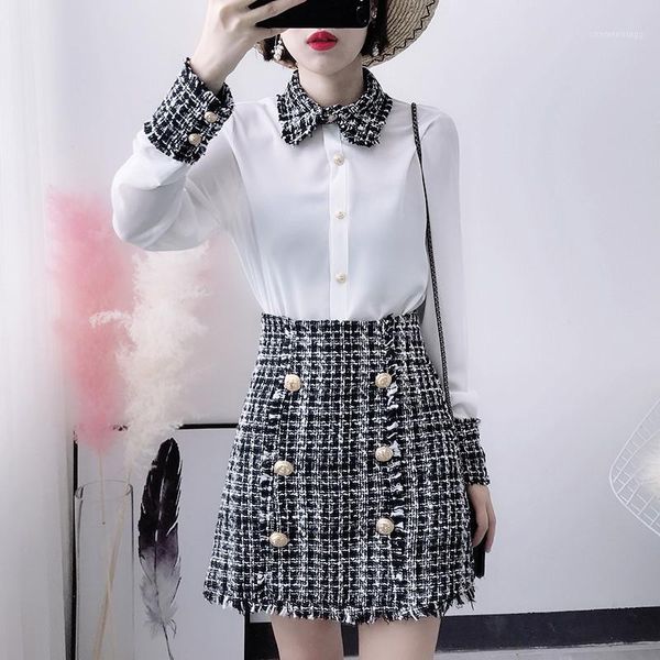 

2018 autumn women 2 piece set women tweed tassels chiffon shirt+gold double-breasted woolen pencil mini skirt suit1, Gray