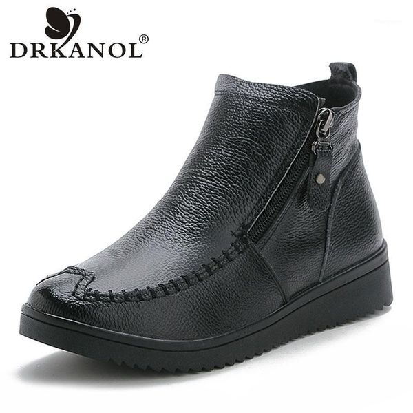 

drkanol handmade women winter snow boots double zipper genuine leather plush warm cotton shoes women ankle boots big size 411, Black