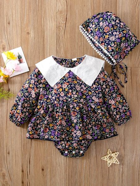 

baby doll collar allover floral dress & hat she, Red;yellow