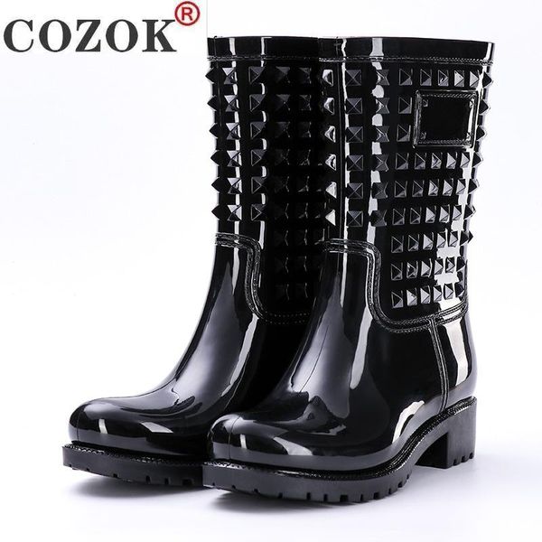 

women boots spring summer rainboots mid-calf woman shoes big size non-slip waterproof female footwear rivet pvc rain boots new99, Black