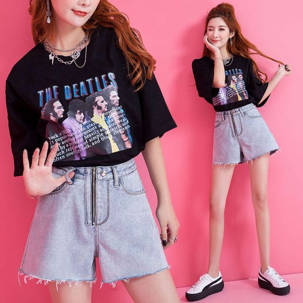 

jeans shorts women's summer 2019 new korean high waist versatile loose wide leg a-line pants, Black;white