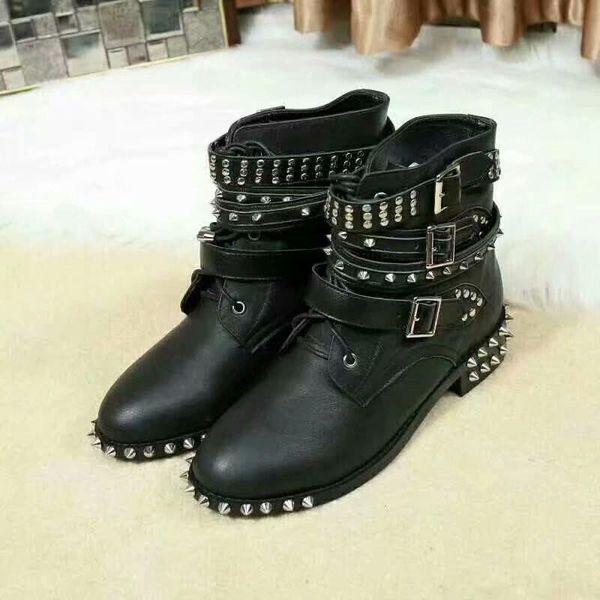 

women shoes ankle boots genuine leather rivet decor buckle female shoe autumn winter flat round toe, Black