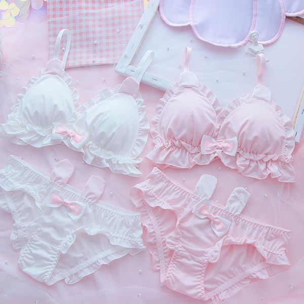 

japanese girl heart rabbit ears no rim underwear loli student cute soft sister lolita triangle cup bra set, Red;black