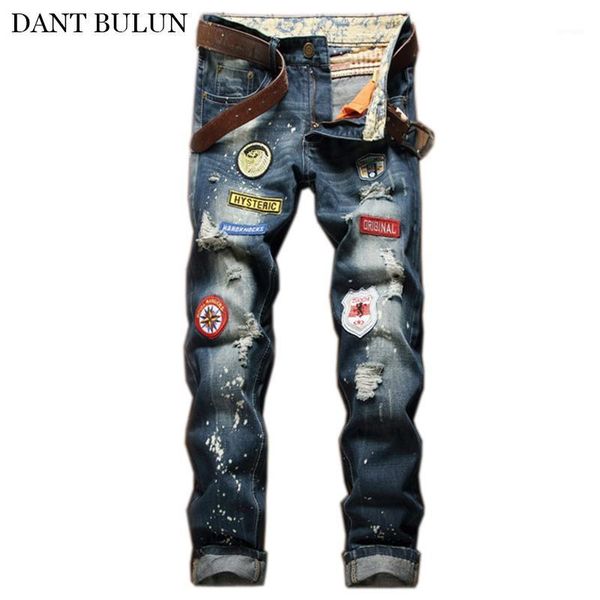 

hip hop jeans for men slim fit badge patchwork straight long pants distressed ripped men's jeans embroidery patches1, Blue