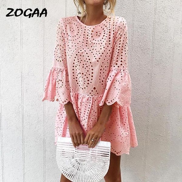 

zogaa 2020 summer sundress women embroidery mini dress ruffle white lace short tunic beach dress1, Black;gray