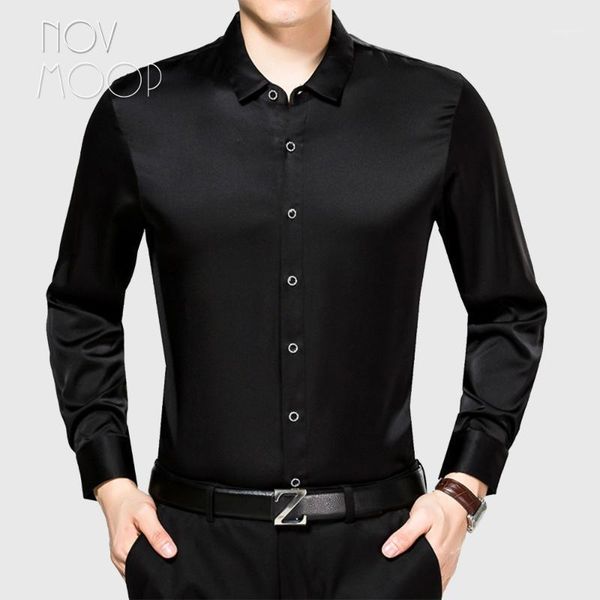 

novmoop casual style men summer blue black red full sleeve single breasted 100% silk shirt camisas chemise homme lt30541, White;black