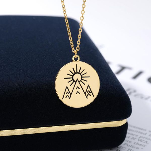 

minimalism round disc pendants necklace stainless steel mountain and sun necklaces for women fashion jewelry collier femme 2021, Silver