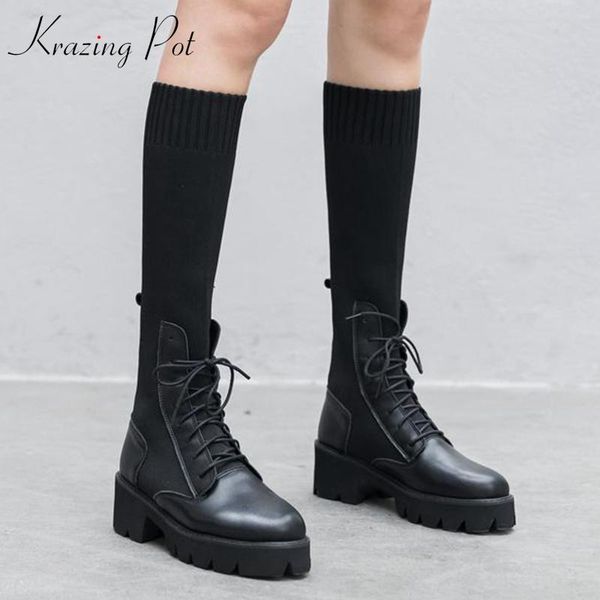 

krazing pot 2020 basic clothing cow leather stretch knitting thick med heels waterproof round toe keep warm thigh high boots l32, Black