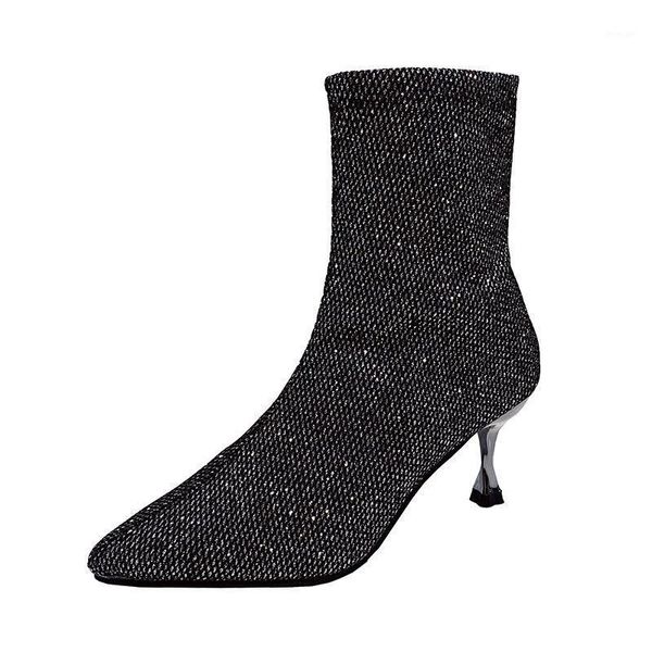 

boots autumn and spring women knitting elastic socks ladies high heels bling slip on ankle1, Black