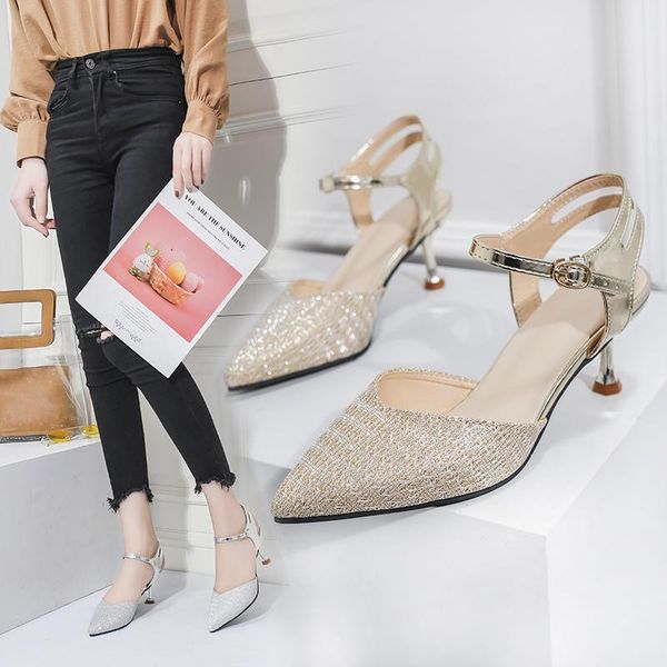 

2020 sexy сверкающих блестками женская обувь elegant gold silver насосы остроконечные toe высокие каблуки пряжки ремень партии обувь женщина, Black