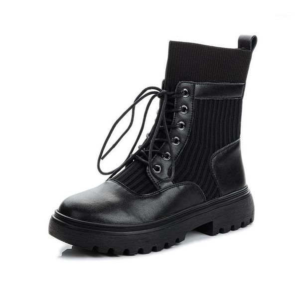 

2020 boots women leather winter waterproof black sock ankle platform fall boots ladies lace up high booties woman1