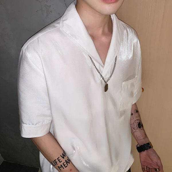 

3n2xu comfortable summer satin lapel pearly temperament pullover versatile pullover short shirt shirt british men's sleeve we8gv, Blue