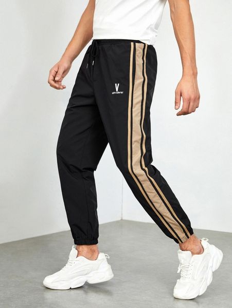 

men drawstring waist letter & striped print pants n4cq#, Black