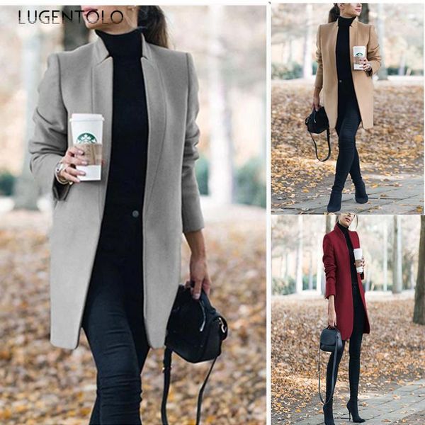 

lugentolo coat women fashion autumn winter solid color collar long sleeve temperament elegant woolen coat women1, Black