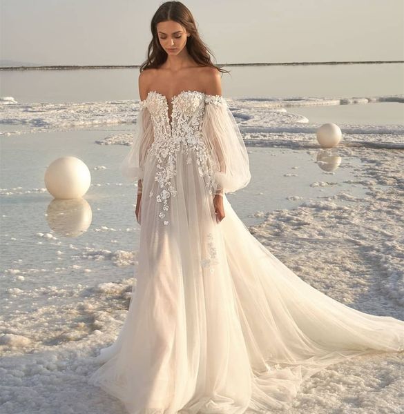 

beach a-line wedding dresses 2021 off shoulder simple long sleeve open back floor length tulle lace boho bridal gowns sweep train, White