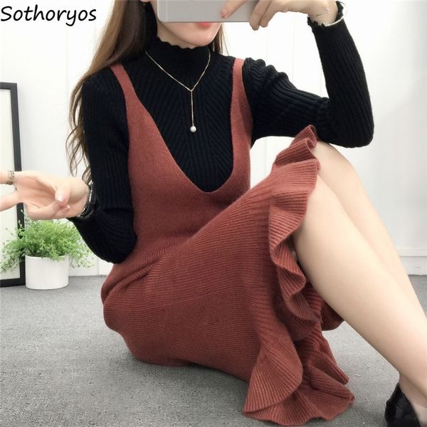 

dress women winter v-neck solid colour sleeveless knee-length womens simple korean style elegant dresses all-match trendy chic 201008, White;black