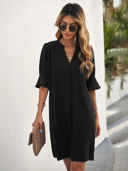 

notched neck flounce sleeve tunic dress d9mb#, Black;gray