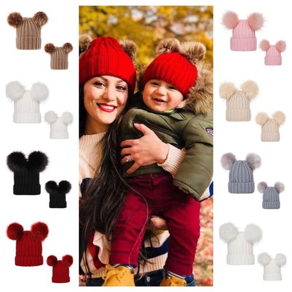 

с 2 pom меховые шарики вязания шапочки мама дети мальчики девочки matching winter hat череп колпачки теплый ребристые вязать tuque мода голо, Yellow