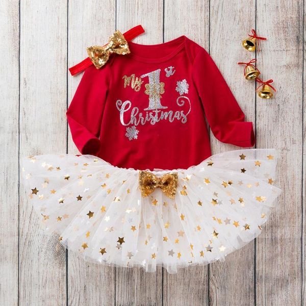 

baby girl winter christmas clothes mesh star tutu dresses 3 sets fashion jumpsuit headband kids performance costume1, White