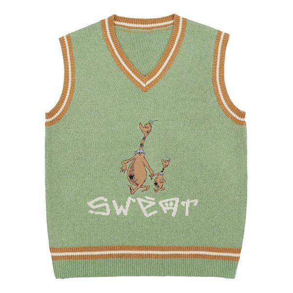 

2021 new vintage pullover men and women hip hop animal cartoon embroidery knitted vest sleevele green v-neck sweater 8q9u, White;black