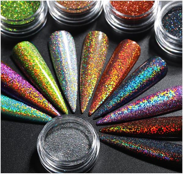 

1 box holographics nail glitter powder sparkly shinning chrome dust pigment for uv gel holo nail manicuring art de jllilo, Silver;gold