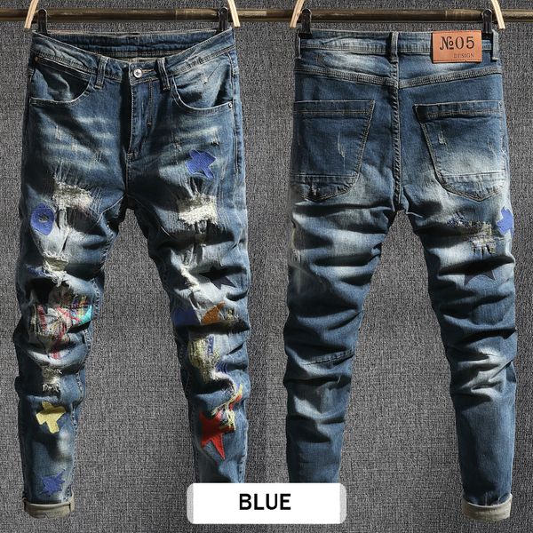 

2021 new american streetwear fashion elastic patches designer slim ripped men punk pencil pants hip hop jeans u6wg, Blue