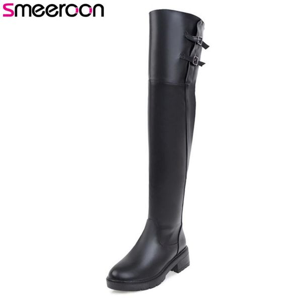 

boots smeeroon fashion over the knee for women zip+buckle round toe autumn winter med heels party shoes, Black
