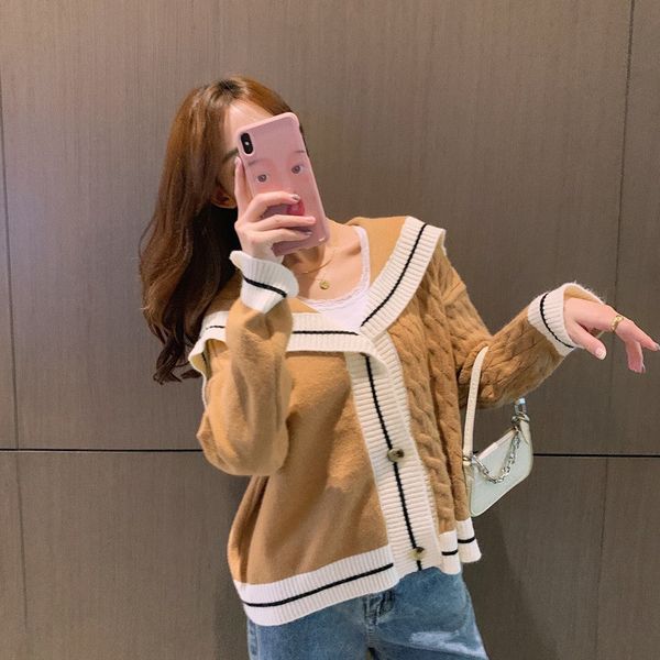 

2021 New Fall Sea Turtleneck Short Female Sweater Lazy Crochet Faculty Cardigan Sweet Student Contrast Necklace Y2k Kintwear LQID, White;black