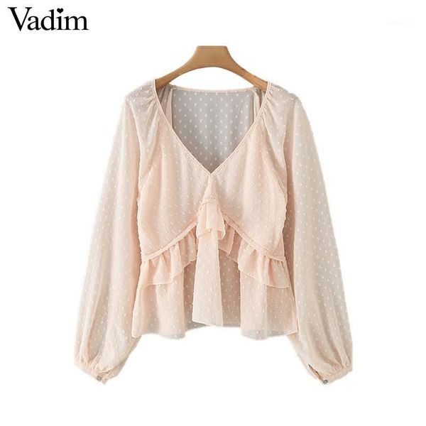 

vadim women dots design ruffled blouse v neck long lantern sleeve shirt female casual elegant chic solid blusas lb3781, White