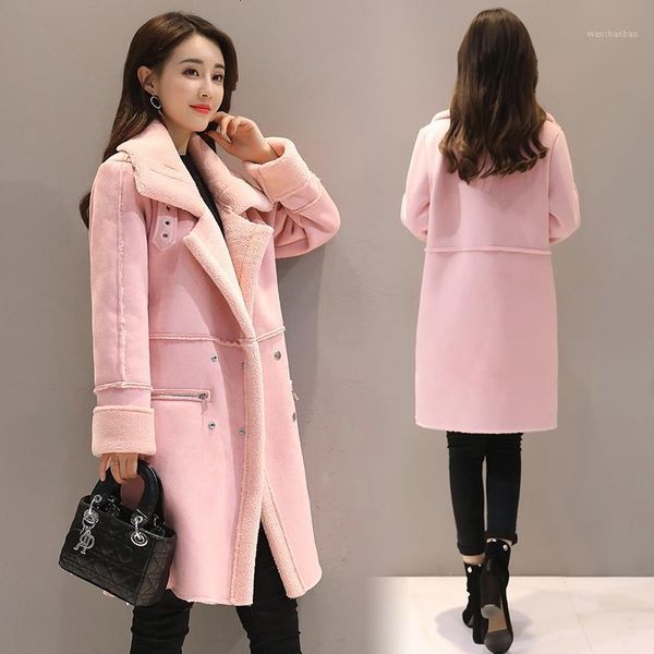 

2018 winter women faux lambs wool outerwear female long thick shearling coats double breasted faux suede leather jackets warm1, Black