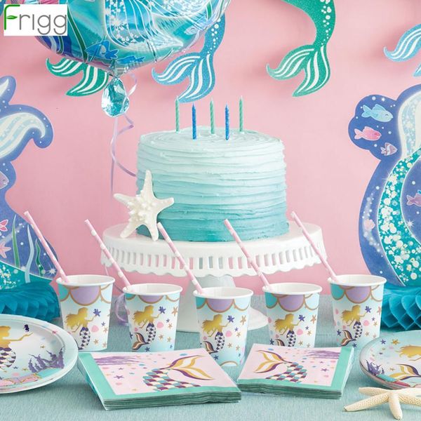 

little disposable tableware decor for kids girl paper plates napkins mermaid birthday party supplies