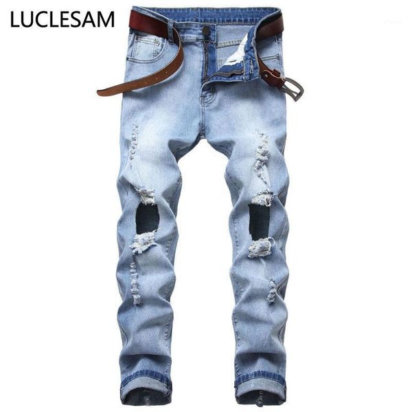 

destroyed big holes jeans for men casual elastic mens denim pants skinny fit jeans streetwear stretchy motor biker trousers 421, Blue